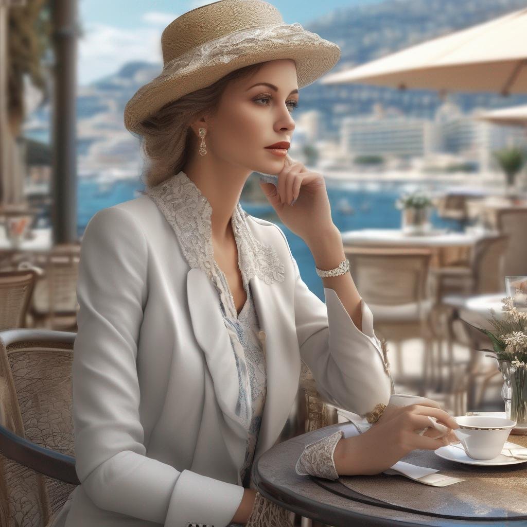 Femme élégante dans un café en plein air à Monaco avec vue sur la mer.jpg