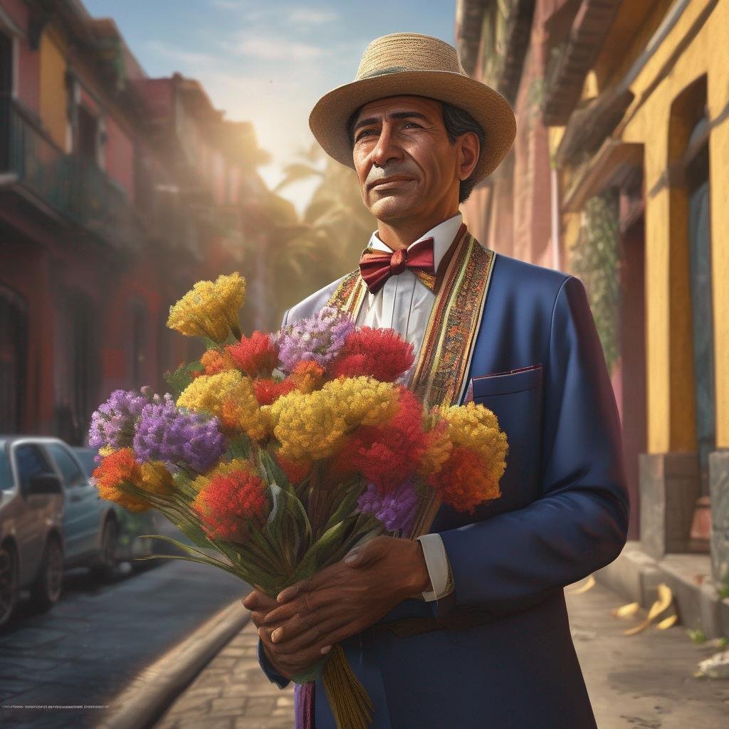 Comment séduire un homme colombien - homme colombien en tenue traditionnelle, décor urbain, lumière chaude et vibrante, tenant un bouquet de fleurs..jpg