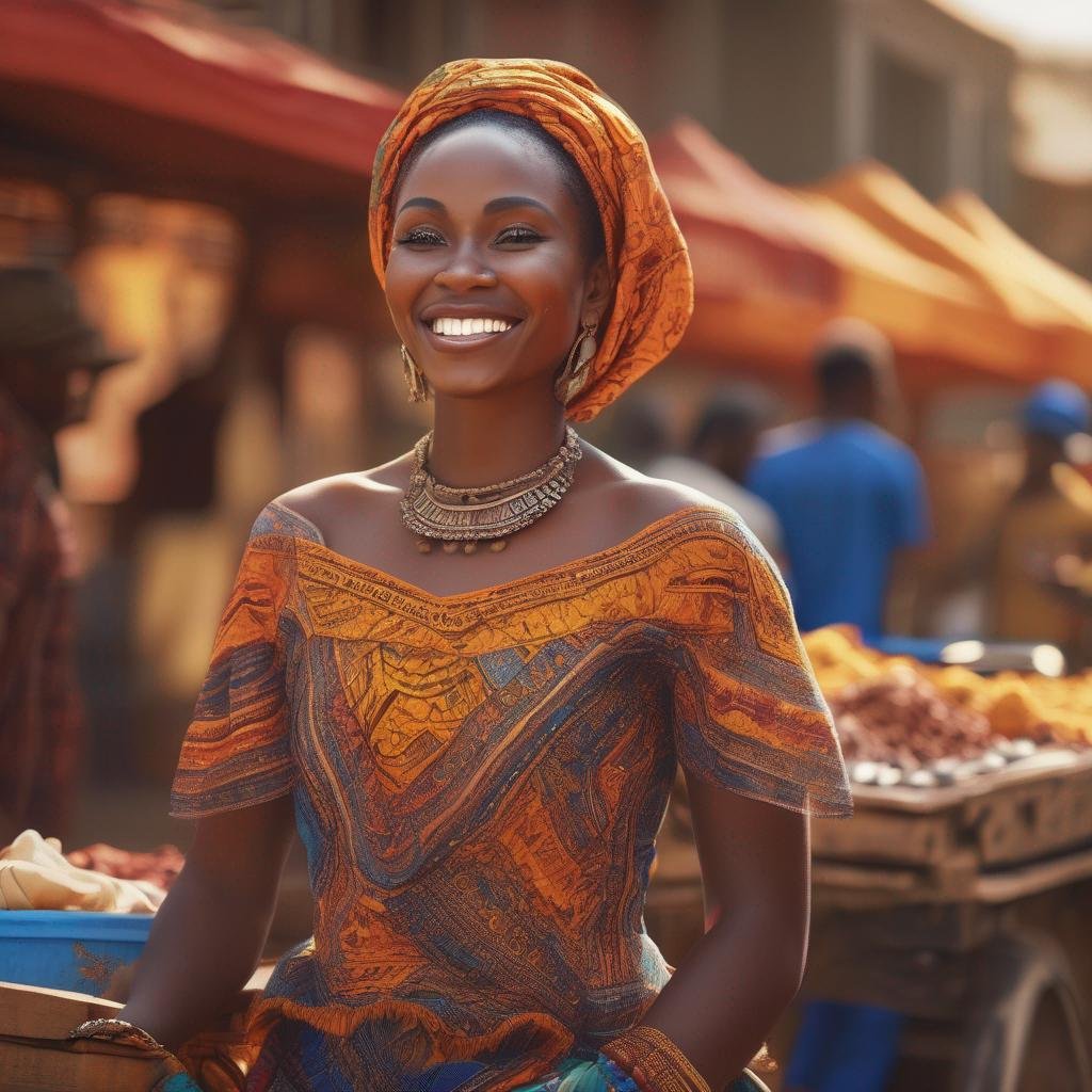 Femme africaine souriante en vêtements traditionnels colorés sur un marché animé.jpg