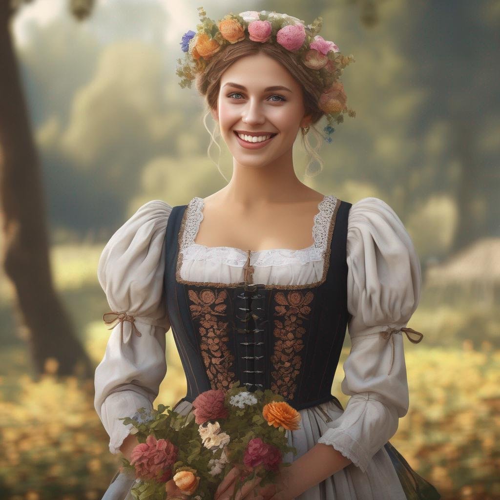 Femme allemande en tenue traditionnelle avec sourire charmant, lumière naturelle douce, scène extérieure, fleur dans les cheveux, posture confiante..jpg