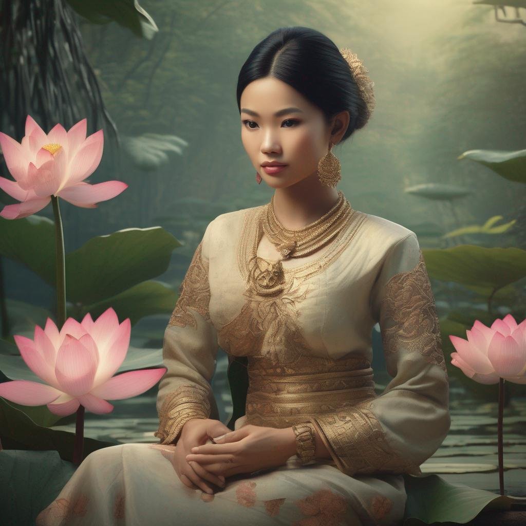 Femme cambodgienne tenant une fleur de lotus dans un jardin traditionnel..jpg