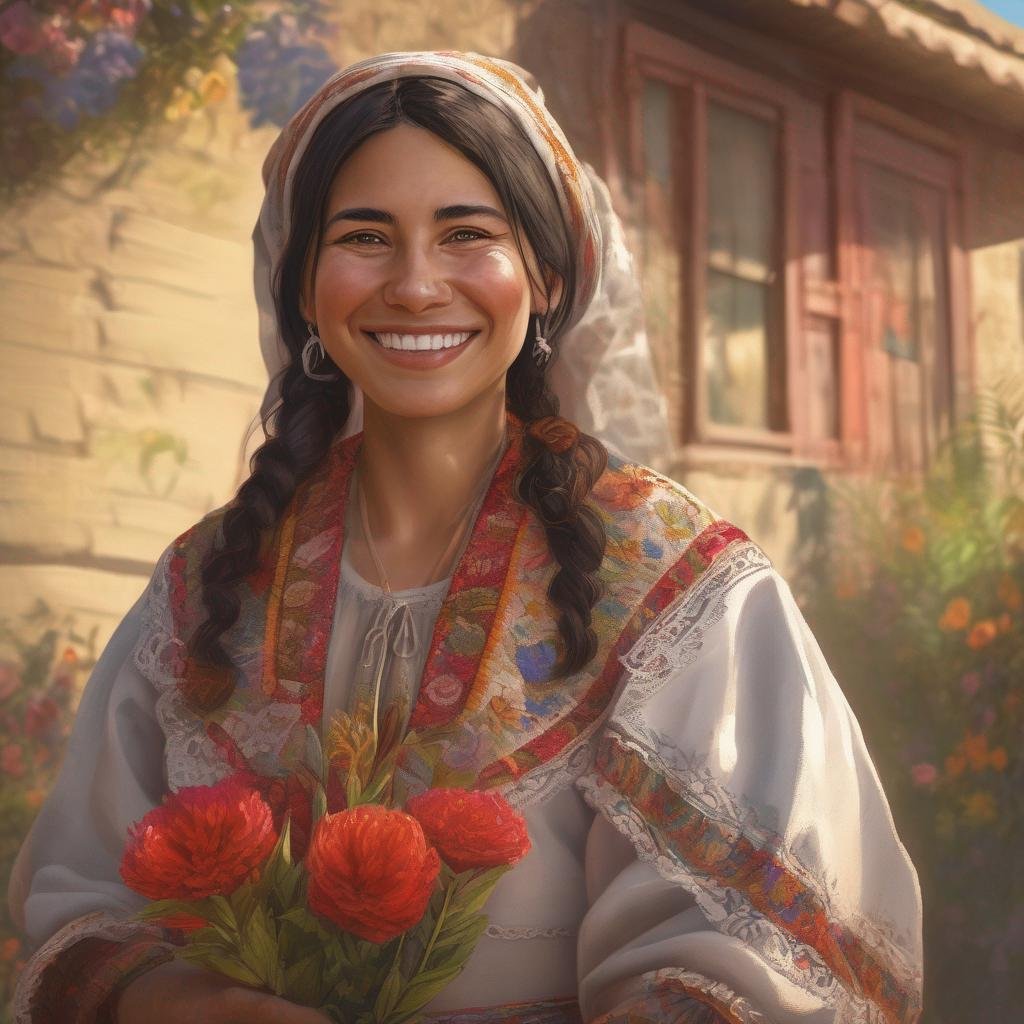 Femme chilienne en tenue traditionnelle avec un sourire radieux et une fleur dans la main.jpg