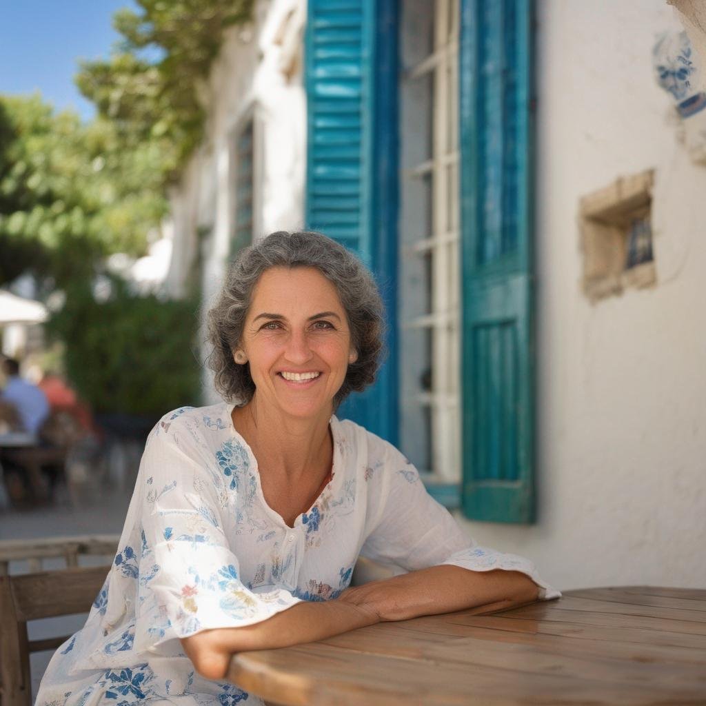 femme chypriotte assise à une table de café en vêtement traditionnel bleu et blanc, souriant avec des volets bleus en arrière-plan.jpg