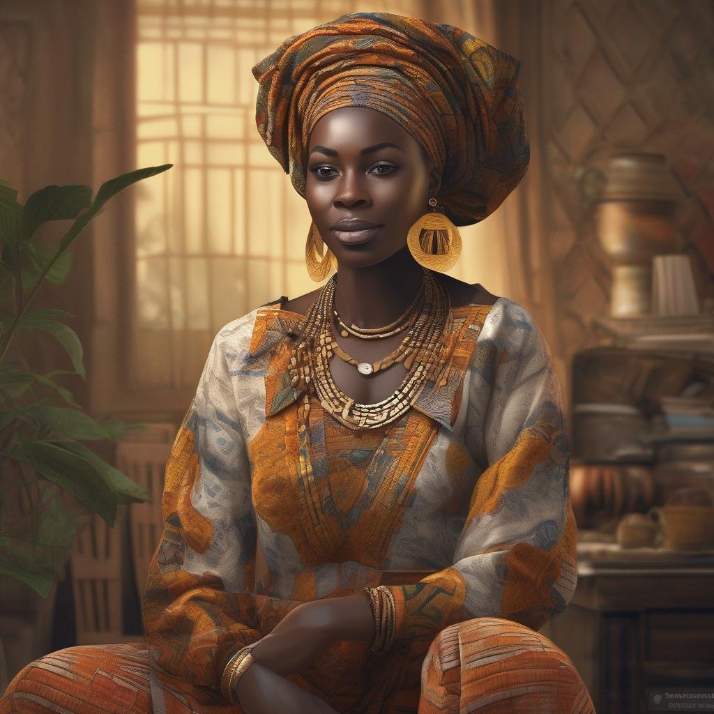 femme ghanéenne, vêtements traditionnels, ambiance chaleureuse, symboles culturels, sérénité.jpg