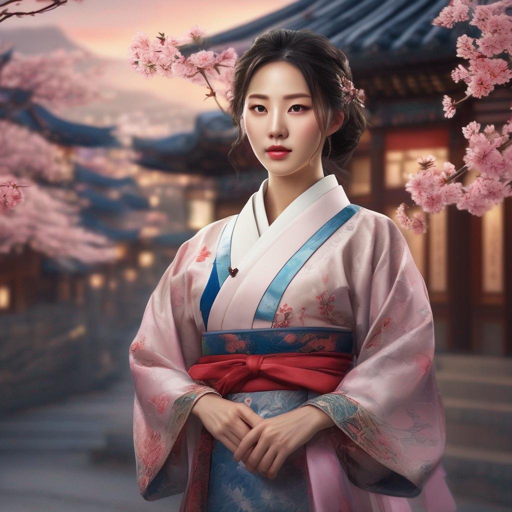 femme séduisante en hanbok avec architecture coréenne et lumières de ville vives.jpg