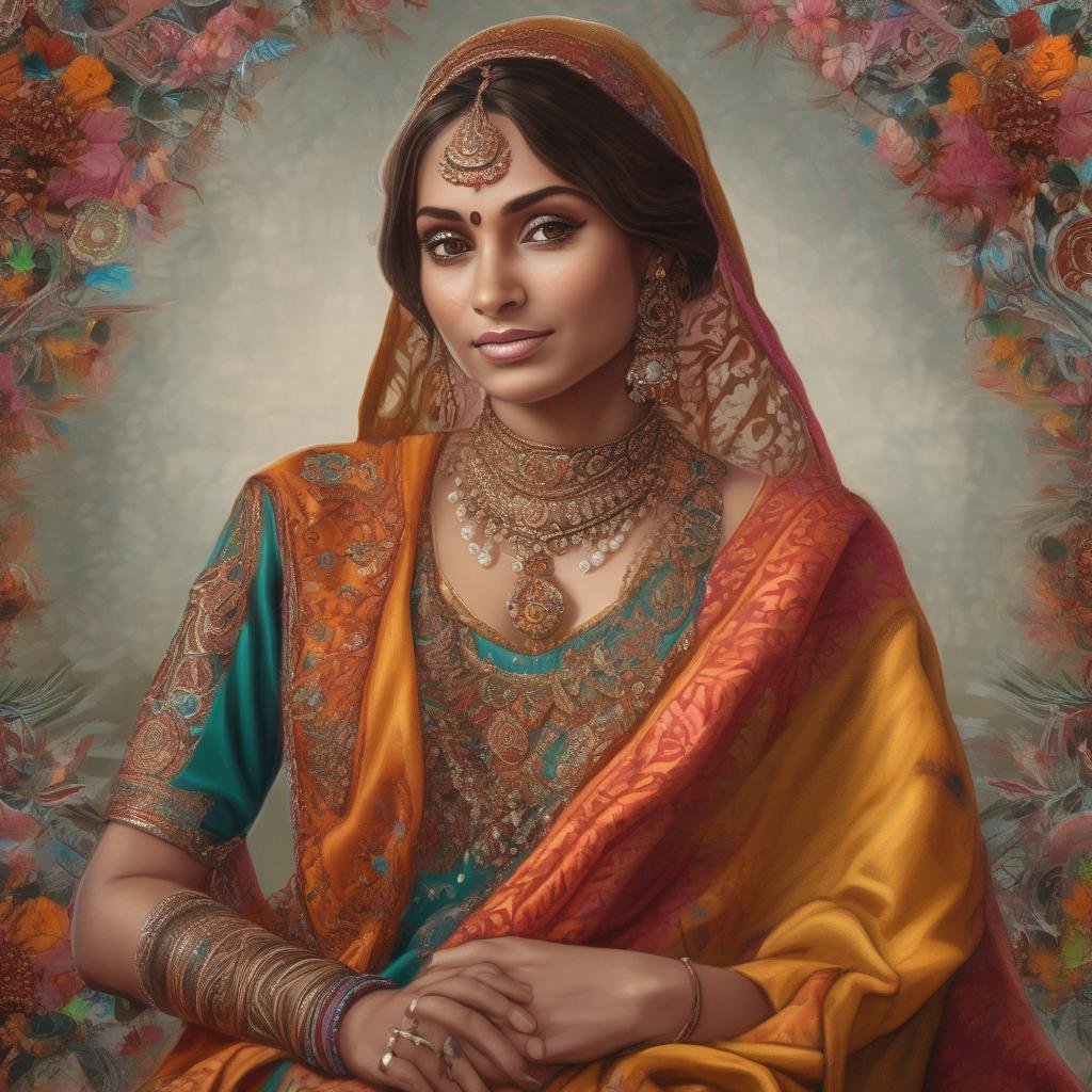 femme indienne en tenue traditionnelle avec des tissus colorés, lumière naturelle, dessin au henné, fleurs dans les cheveux.jpg