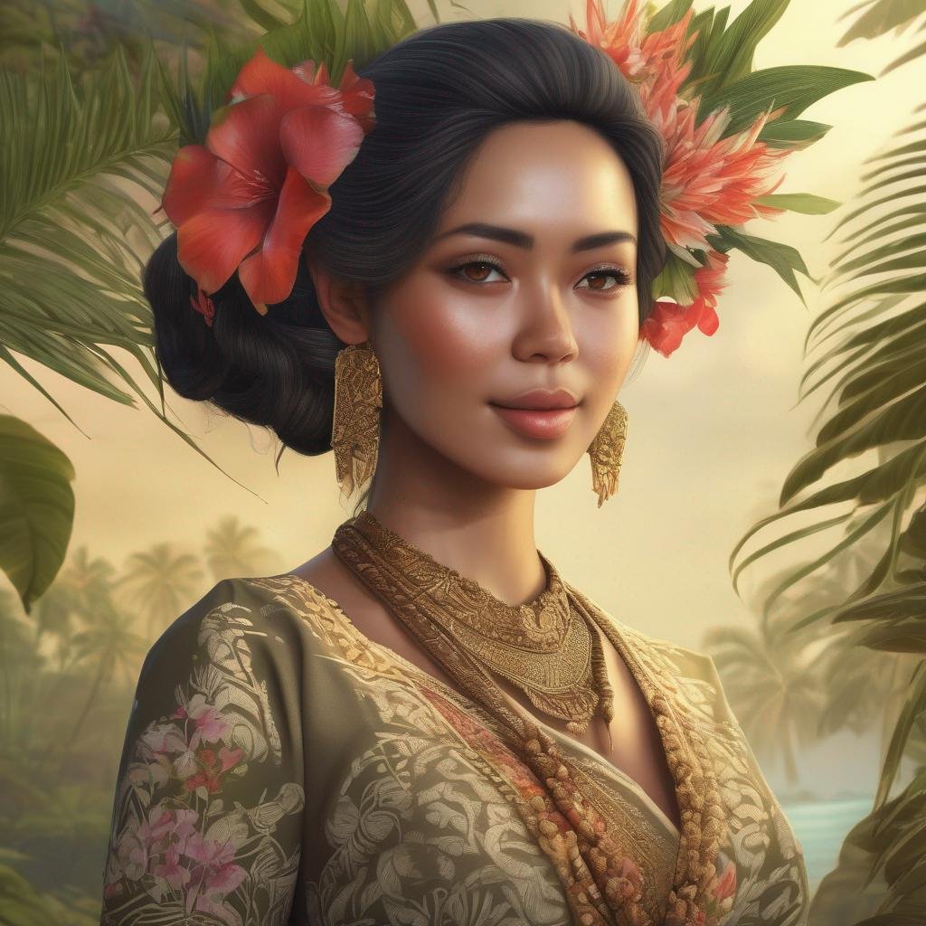 Femme indonésienne en costume traditionnel avec fleurs dans les cheveux devant un paysage tropical ensoleillé..jpg