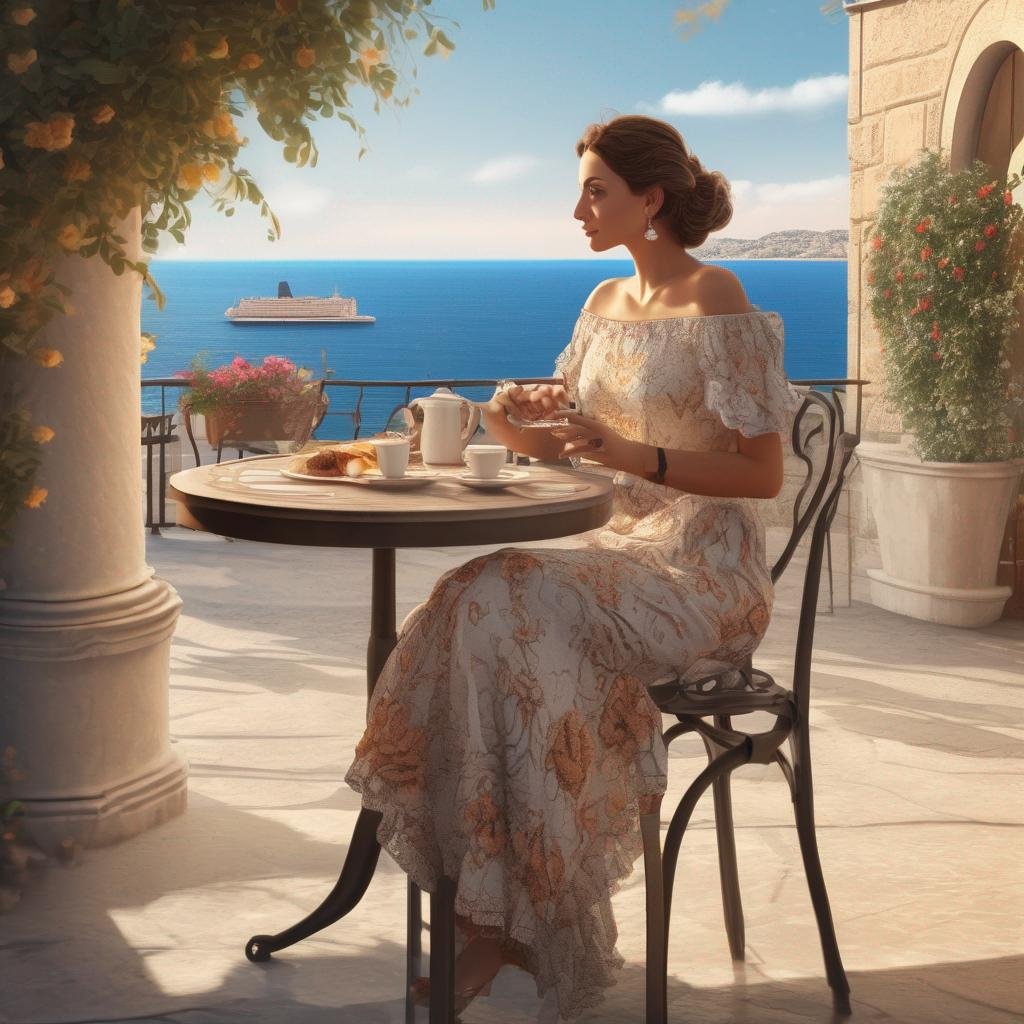 femme maltaise, terrasse extérieure, soleil chaud, architecture traditionnelle, vue sur la mer Méditerranée, détails floraux.jpg