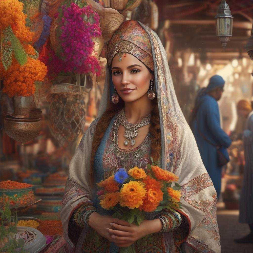 femme marocaine traditionnelle sur fond de marché avec un bouquet coloré.jpg