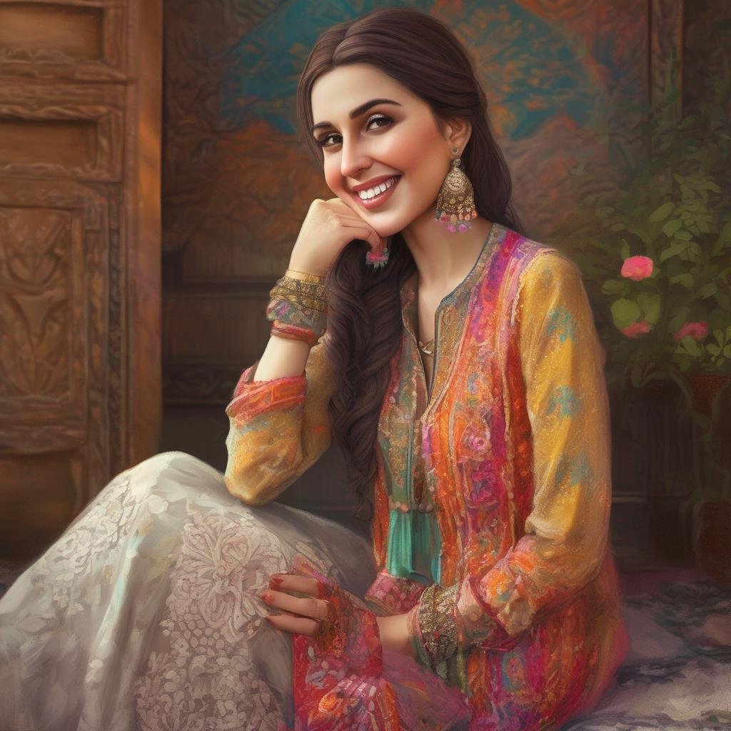 Femme pakistanaise souriante portant une tenue traditionnelle colorée dans un cadre romantique..jpg