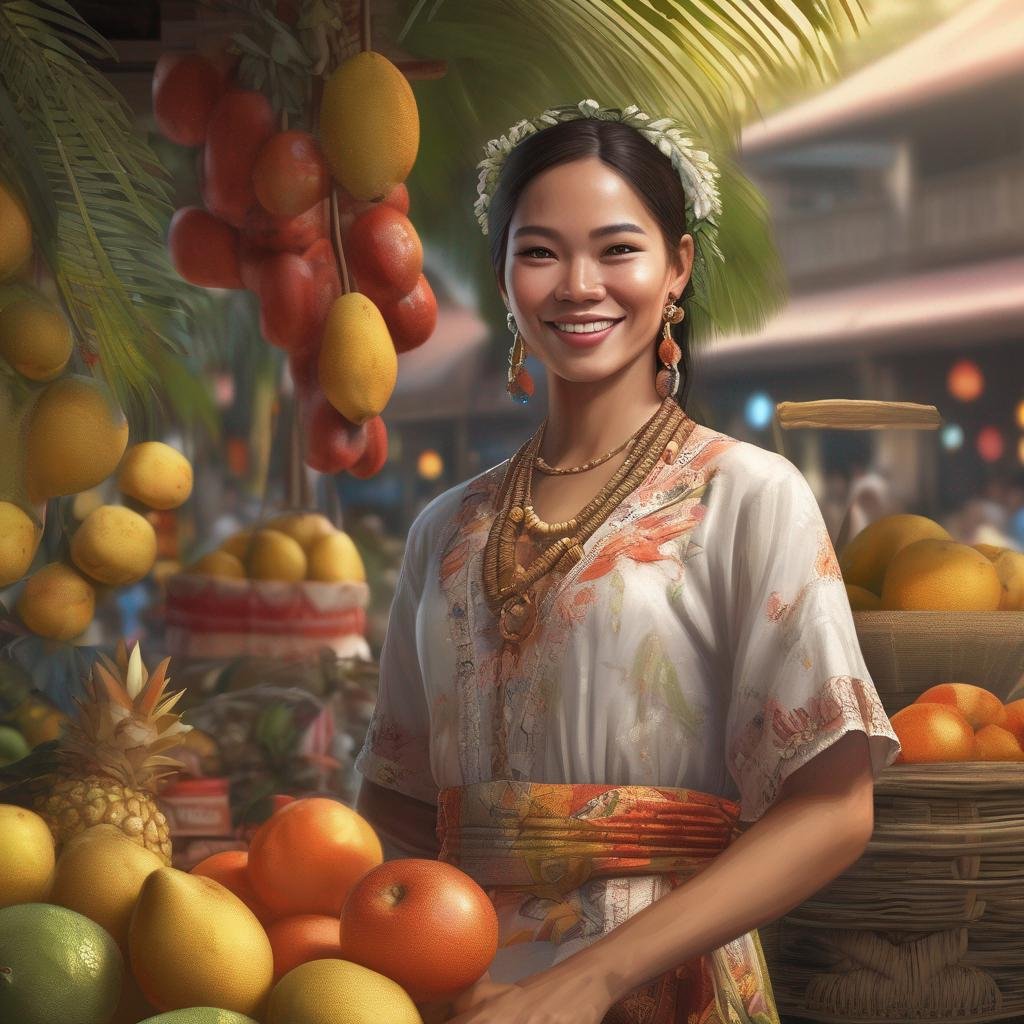 femme philippine robe traditionnelle marché fruits tropicaux sourire accueillant.jpg