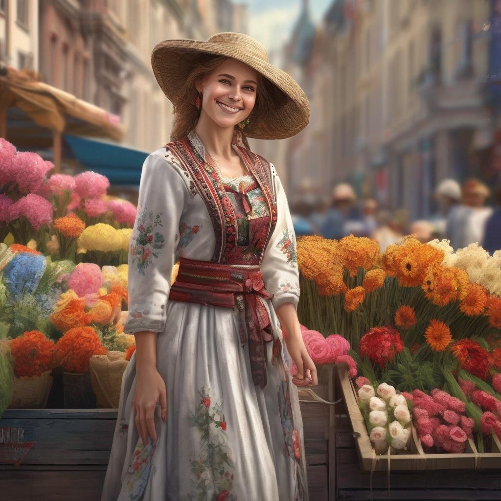 femme polonaise marché aux fleurs souriante rue traditionnelle vêtements naturels.jpg