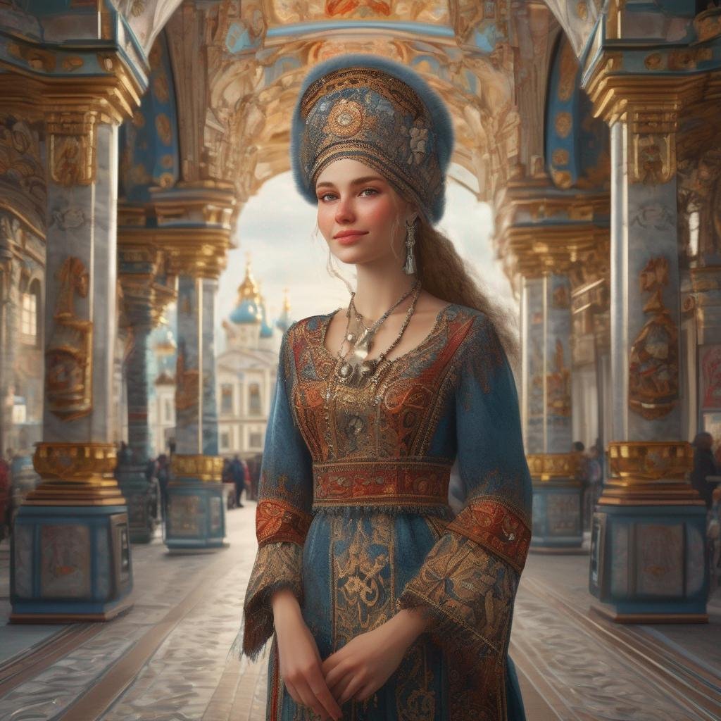 Femme russe dans une tenue traditionnelle avec une architecture magnifique et une lumière naturelle douce.jpg