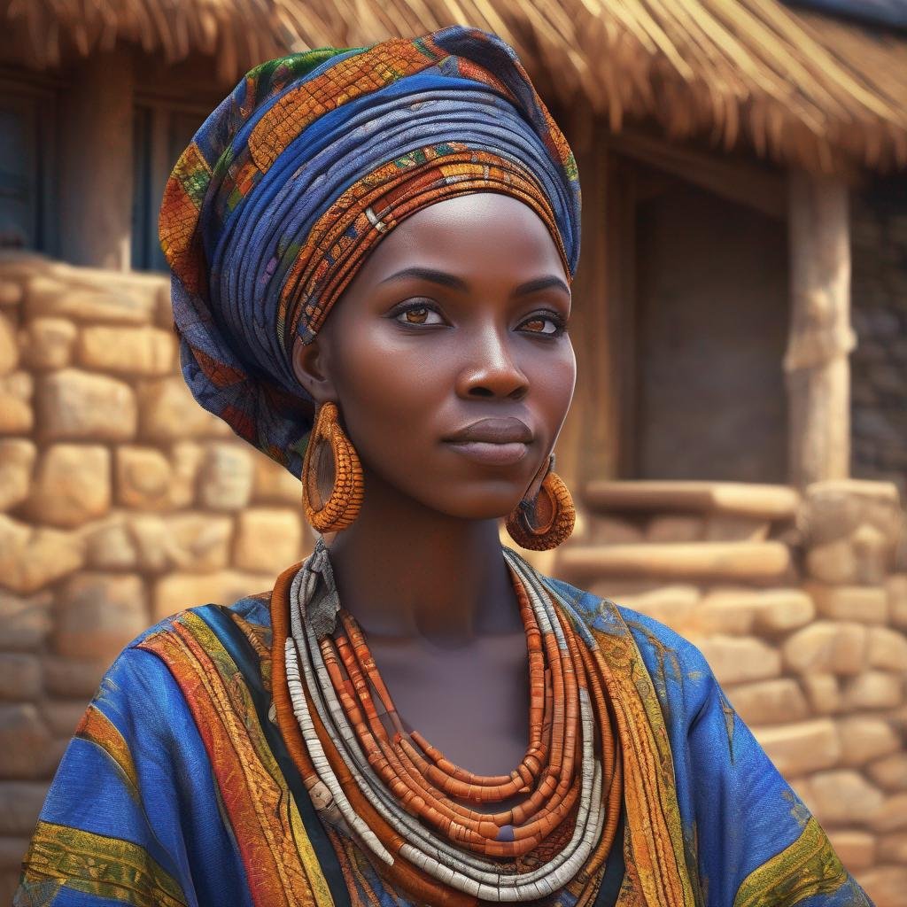 Femme rwandaise en tenue traditionnelle, couleurs vives, expression sereine, cadre rural..jpg