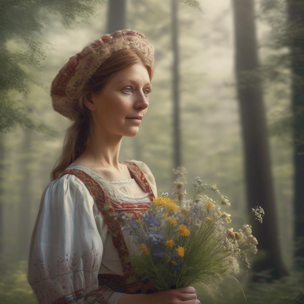 femme suédoise tenue traditionnelle forêt bouquet de fleurs sauvages.jpg