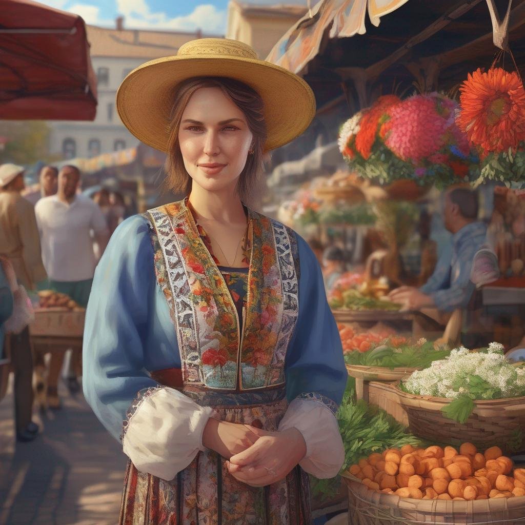 Femme en costume traditionnel roumain séduisant un homme, marché en plein air, couleurs vives, fleurs..jpg