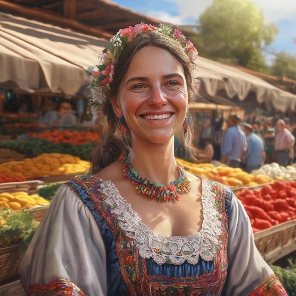 Femme uruguayenne en costume traditionnel coloré au marché avec des fleurs et un sourire..jpg