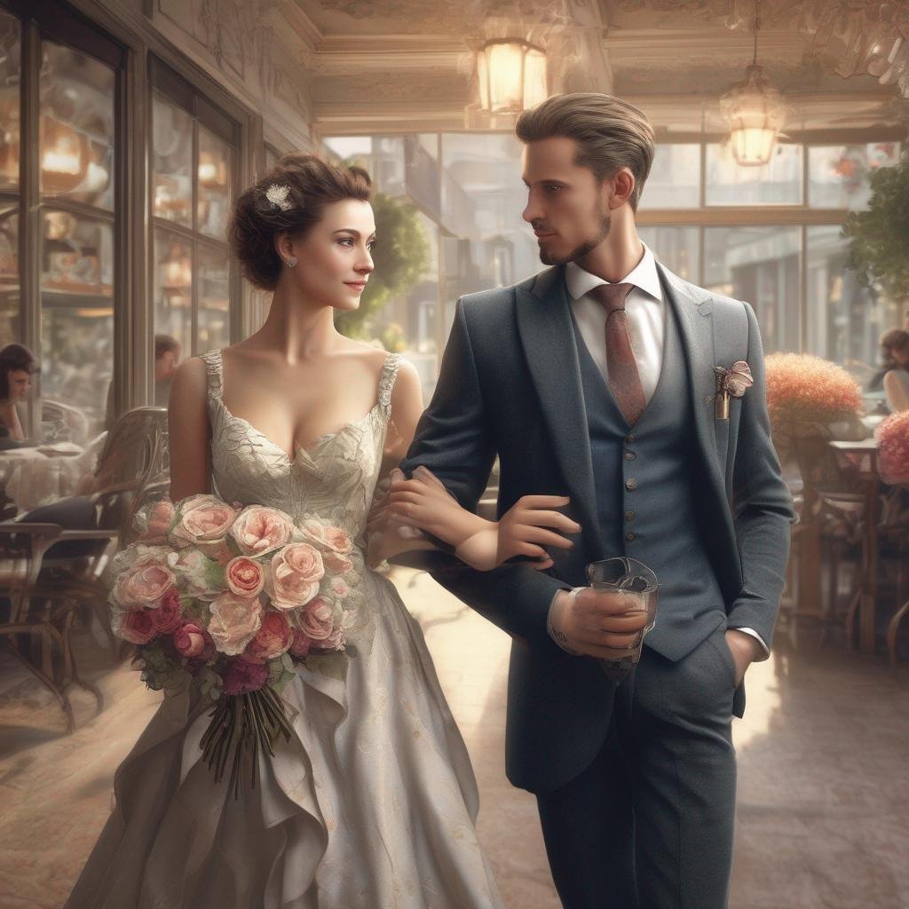 Tenue pour premier rendez-vous sur une appli de rencontre - Homme élégant et femme, café chic, lumière naturelle douce, homme tenant un bouquet de fleurs..jpg