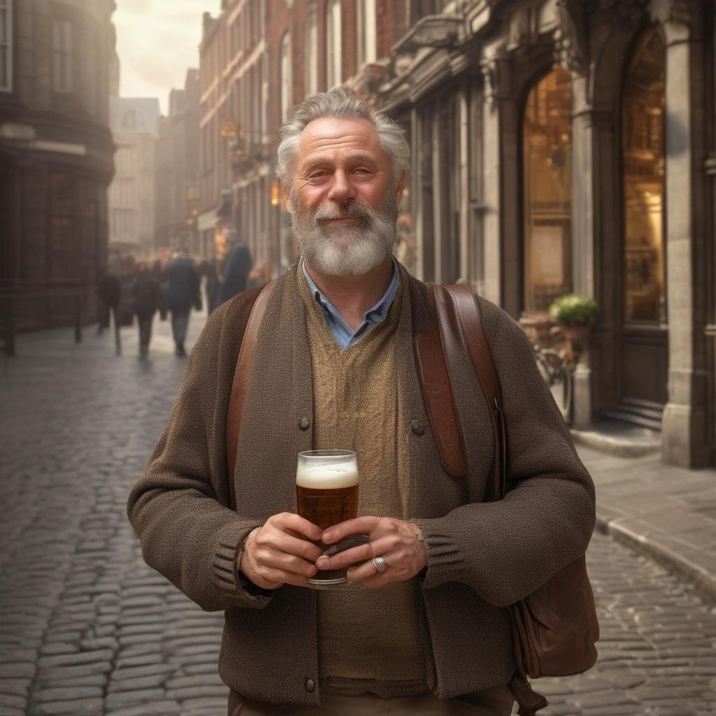 Homme belge avec chocolat ou bière belge devant un monument historique à Bruxelles..jpg