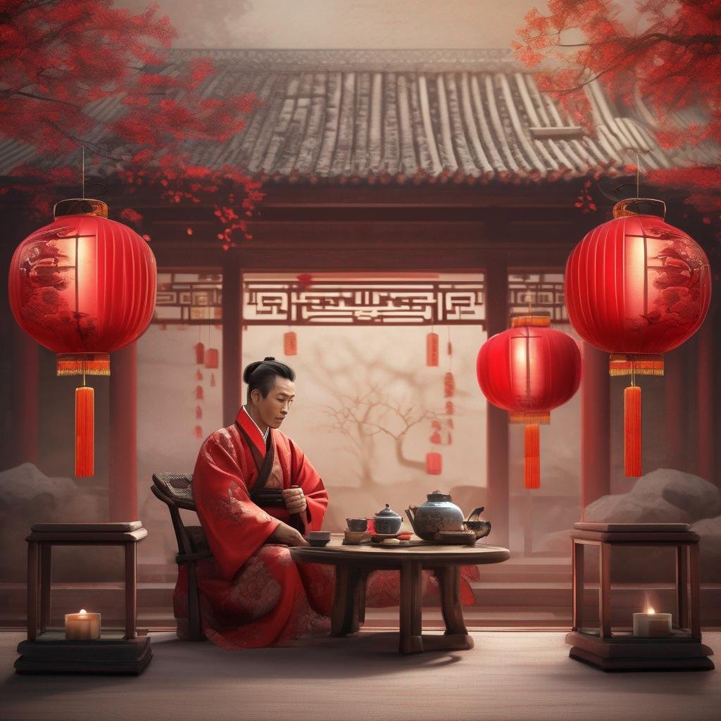 Homme chinois dans une cérémonie de thé traditionnelle with red lanterns.jpg