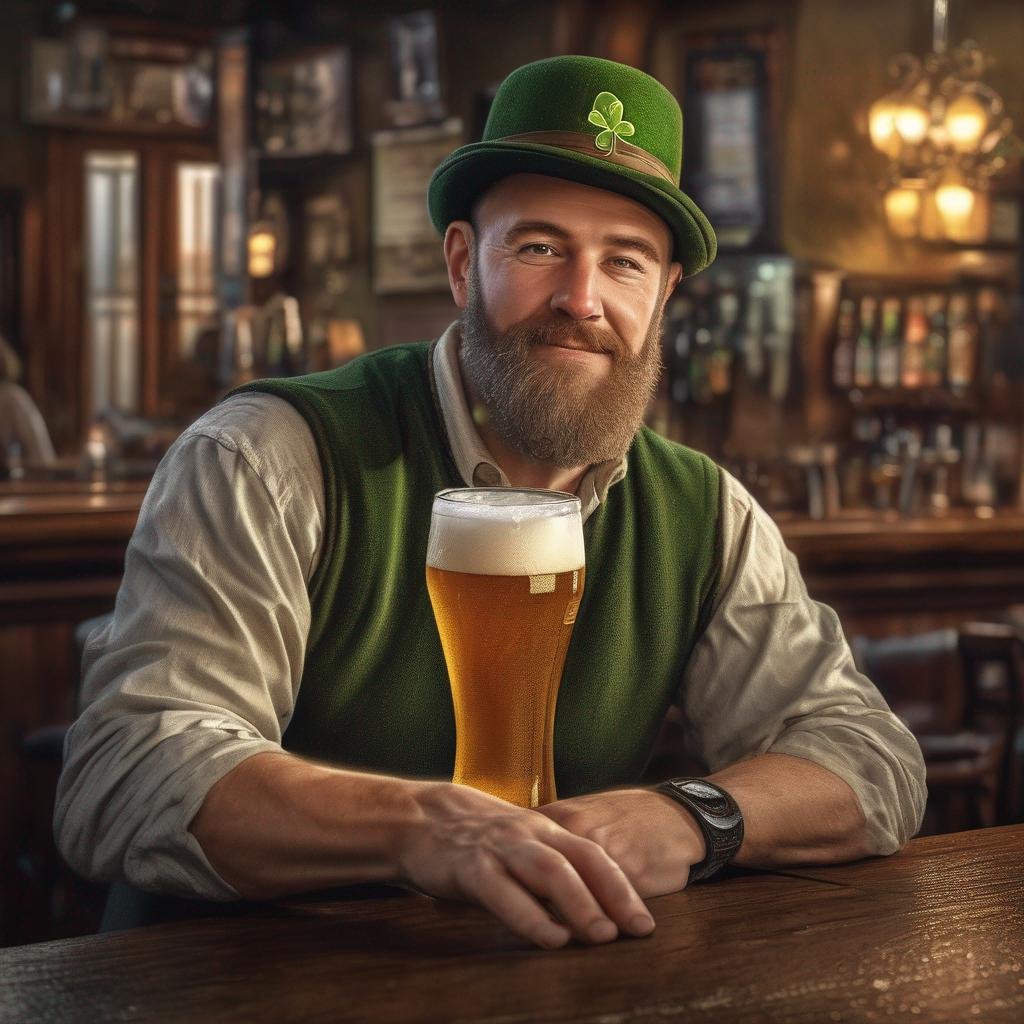 Homme irlandais dans un pub traditionnel, tenant une pinte de bière, décor de trèfle, lumière naturelle chaleureuse.jpg