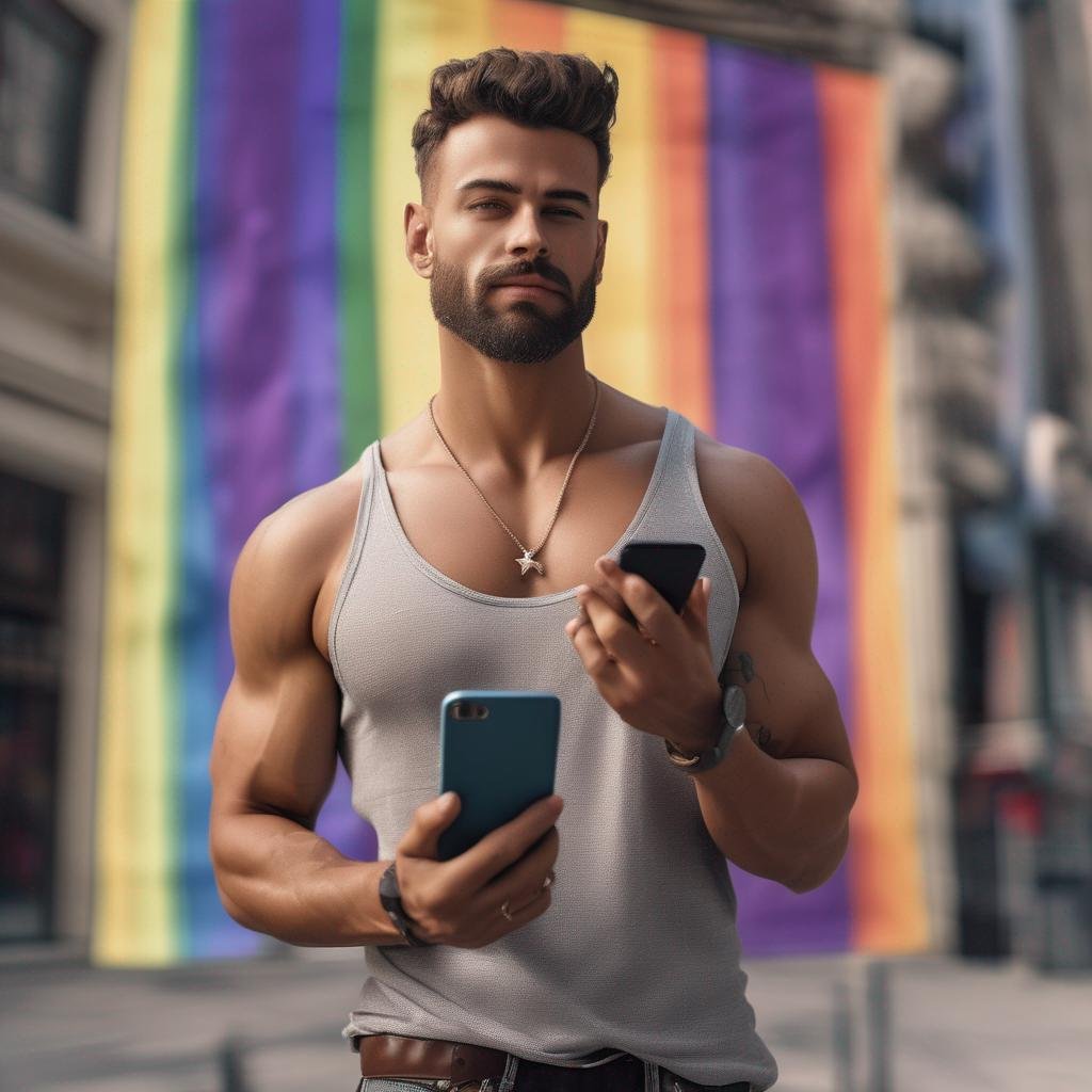 Optimiser un profil masculin sur Grindr: Homme musclé et confiant posant dans un cadre urbain moderne, avec le drapeau LGBTQ+ en arrière-plan. Application Grindr visible sur l'écran du smartphone..jpg