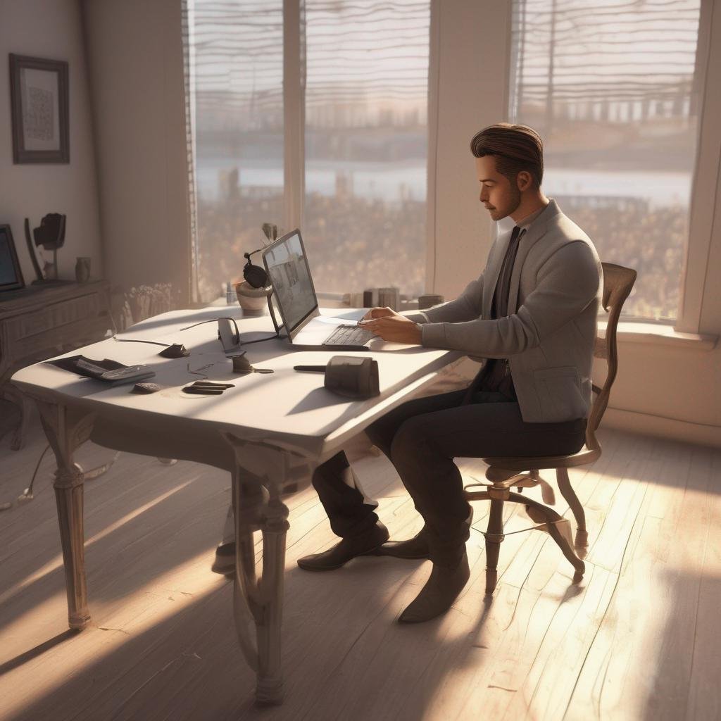 Premier rendez-vous virtuel : personne seule assise à un bureau, fond neutre, éclairage doux et chaleureux, ordinateur ou téléphone sur le bureau, éléments subtils de communication virtuelle..jpg