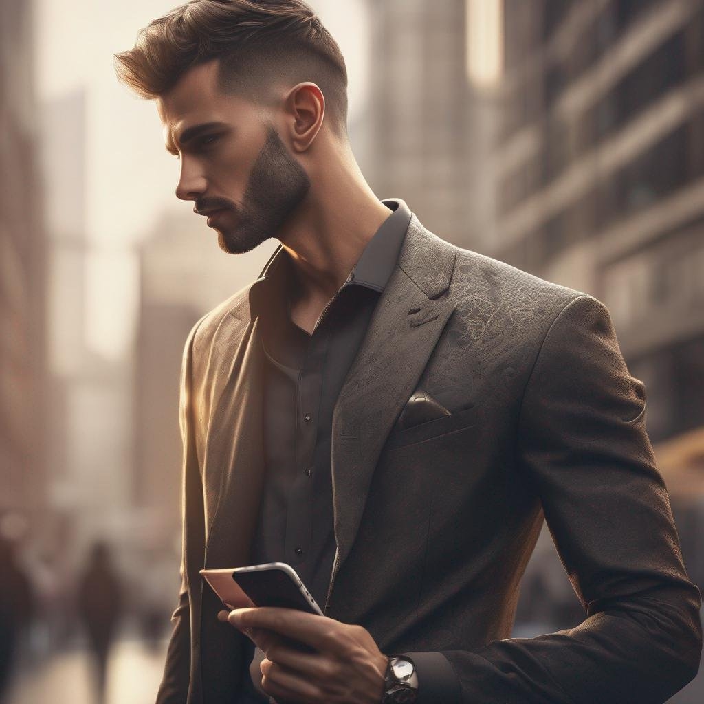 Profil homme confiant avec smartphone et tenue élégante, arrière-plan urbain moderne - Comment optimiser un profil masculin sur une application de rencontre?.jpg