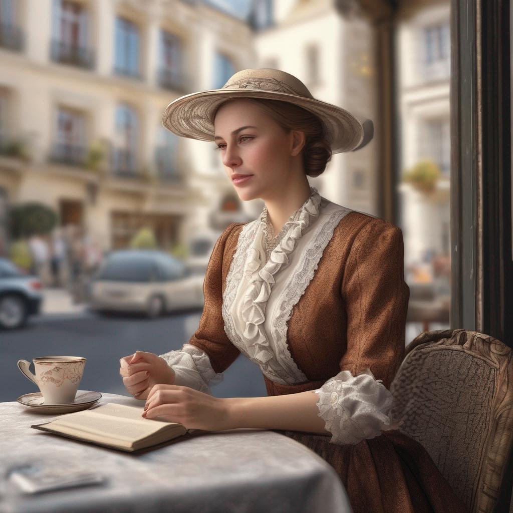 femme luxembourgeoise, tenue traditionnelle, café terrasse, lumière naturelle douce, livre de langue.jpg