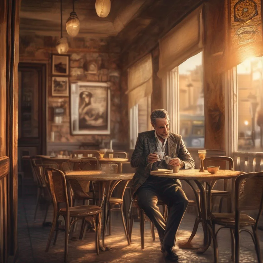 Homme argentin séduisant dans un café traditionnel, lumière dorée, affiche de tango au mur, tasse à maté sur la table.jpg