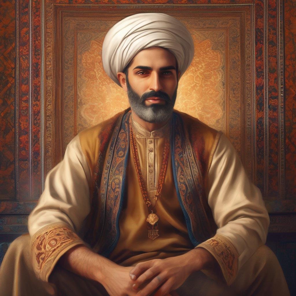 Homme iranien, tenue traditionnelle, regard accueillant, tapis persan opulent, éclairage chaleureux, arrière-plan orné, safran subtil..jpg