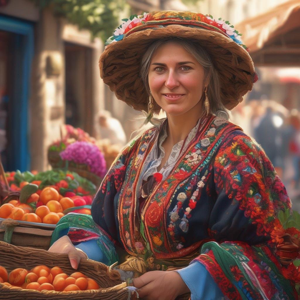 Femme bulgare au marché avec panier de fleurs et vêtements traditionnels.jpg