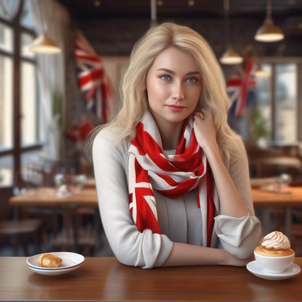 Femme blonde dans un café confortable avec un foulard aux couleurs du drapeau danois et une pâtisserie danoise sur la table.jpg