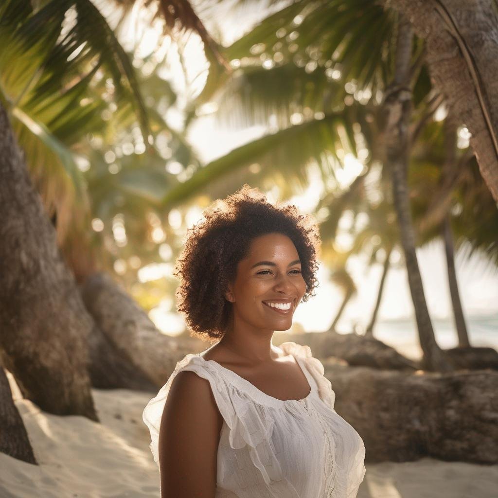 Séduire femme dominicaine, culture, personnalité, plage tropicale, souriante, soleil doux, fleur dans les cheveux.jpg