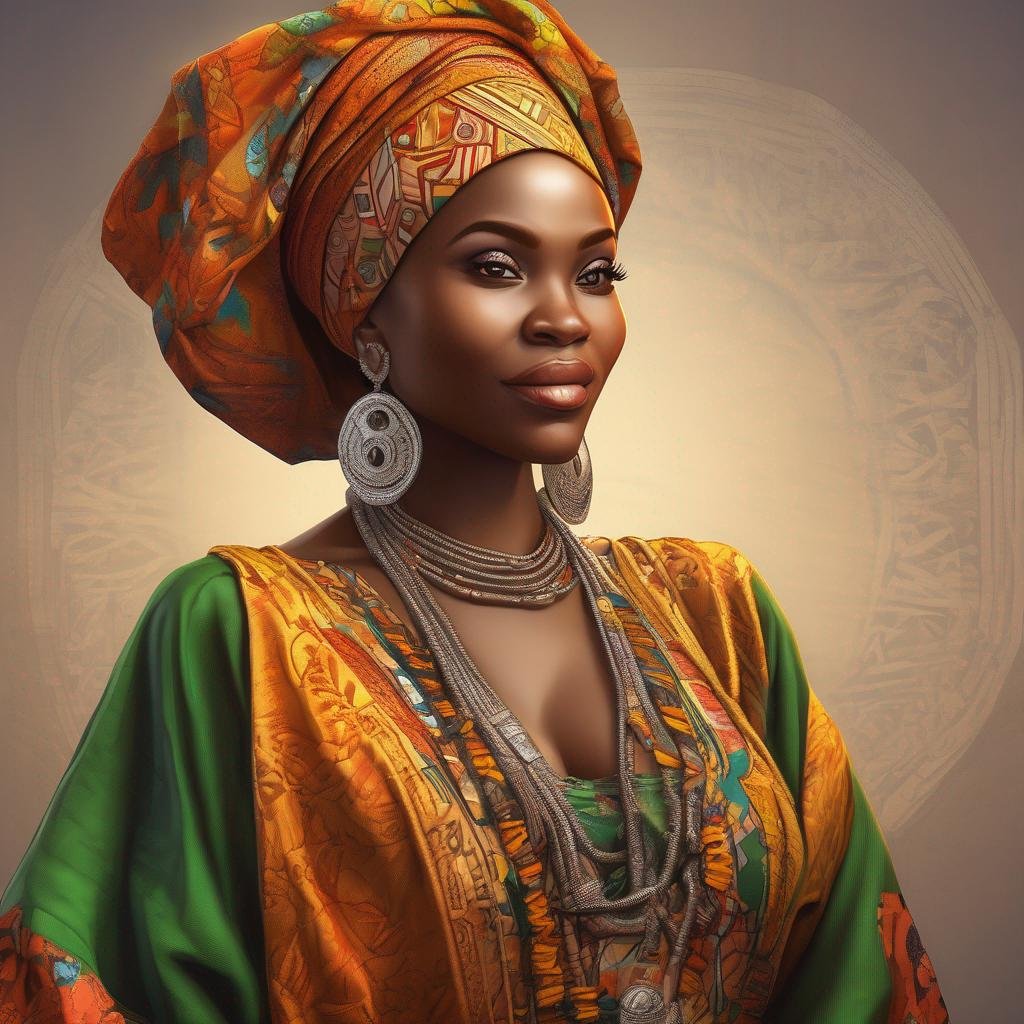 Femme nigériane dans une tenue traditionnelle lors d'une activité culturelle avec un éclairage chaleureux et un arrière-plan dynamique..jpg