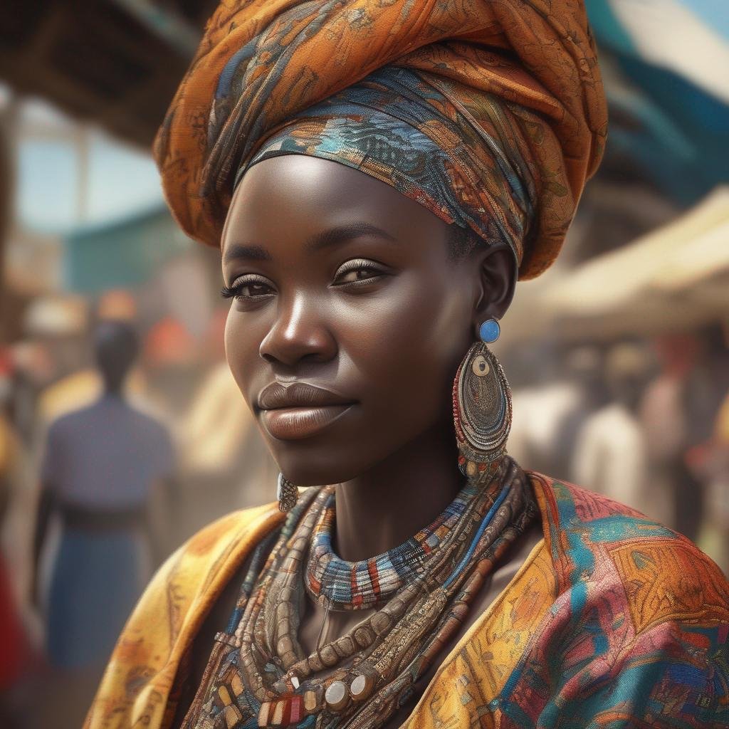 Femme sénégalaise dans un marché animé avec bijoux traditionnels et vêtements..jpg