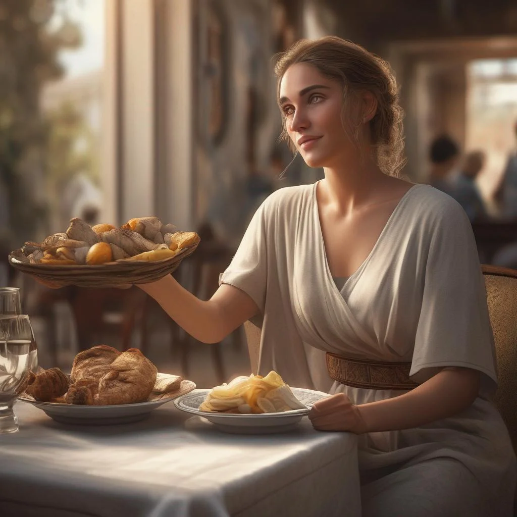 Femme séduisante dans un restaurant traditionnel grec avec éclairage naturel chaud et artefact grec..jpg