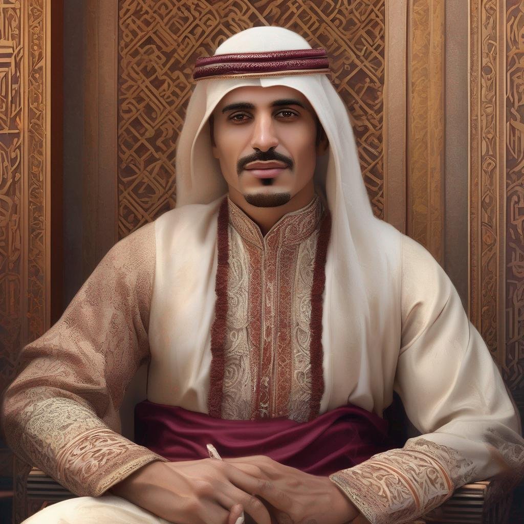 Homme qatari, tenue traditionnelle, contexte culturel dynamique, éclairage naturel chaleureux, détails ornés de calligraphie..jpg