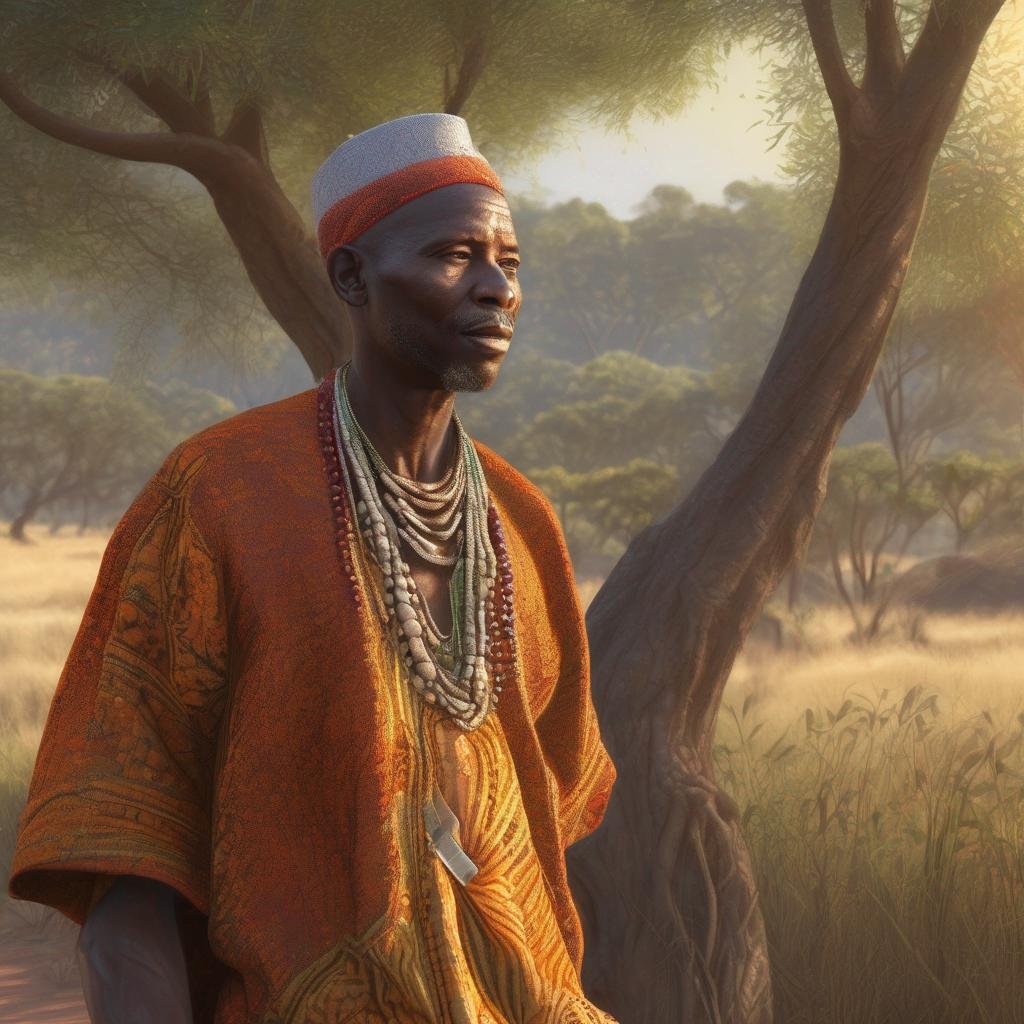 homme tanzanien, vêtement traditionnel, savane ensoleillée, paysage, bijoux perles.jpg